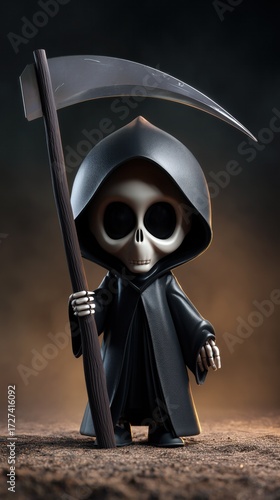 Un personnage de faucheuse avec de grands yeux noirs, tenant une faux, arrière-plan sombre et inquiétant, dans un style dessin animé, rendu 3D.