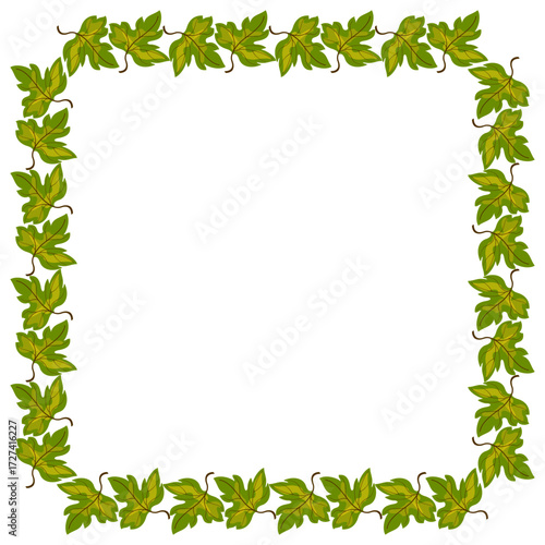 Square frame of green leaves on white background. Square floral ornament. Notebook page decorated with maple leaves. Holiday card of bright leaves. Fall decor for card, invitation, page, etc.