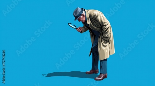 Un vieux détective privé portant un chapeau avec une loupe dans la main, debout et cherchant un indice sur le sol, fond bleu, dans un style minimaliste, image avec espace pour texte.