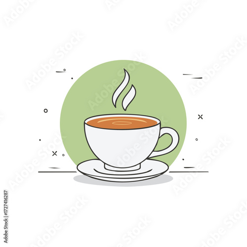 Steaming Tea in a White Cup with Saucer, Minimalist Illustration on Light Green Background