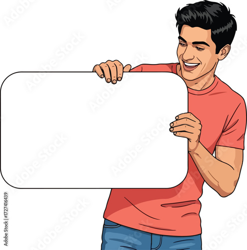 A teenage boy holding a white blank board vector illustration