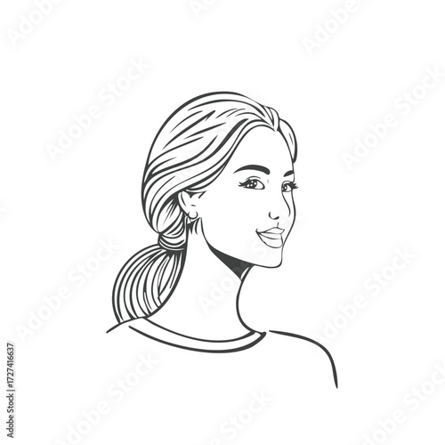 Joyful young woman with a charming smile and sleek ponytail looking sideways line art illustration