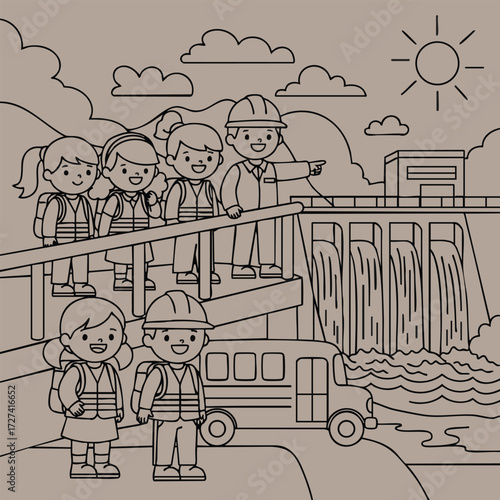 A group of children in safety gear enjoying an educational field trip near a large dam and waterfall.