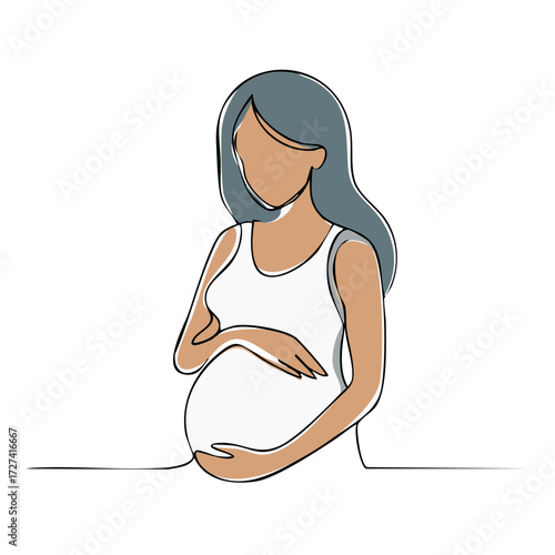 Minimalist line art illustration of a pregnant woman holding her belly with flowing hair and wearing a tank top