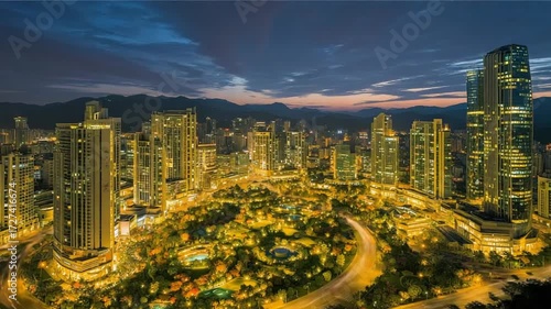 Stunning Aerial Time Lapse of Urban Cityscape at Dusk with Vibrant Sunset and Night Lights