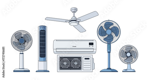 A collection of various cooling appliances, including ceiling fans, tower fans, desk fans, and air conditioners, all presented against a clean white background