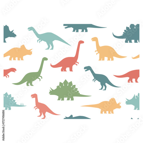 Colorful Dinosaur Silhouettes on White Background.
