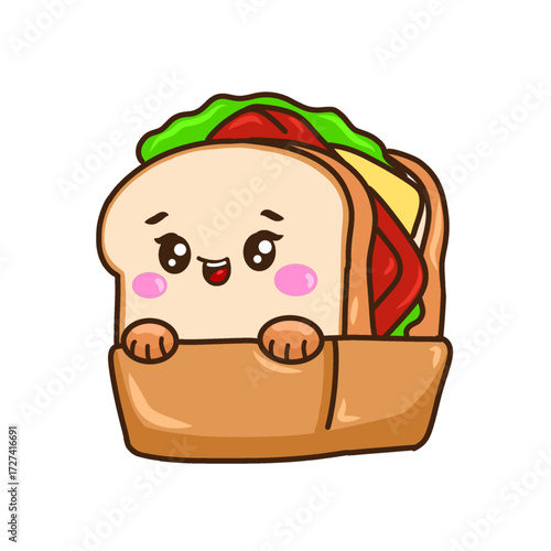 This cheerful and adorable kawaii-style sandwich mascot, complete with blushing cheeks and big, sparkling eyes, is a perfect vector illustration for any cute food-themed design, menus, or packaging.