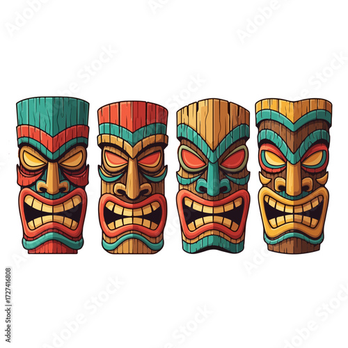 Colorful Tiki Masks Displaying Intricate Carvings and Expressions.