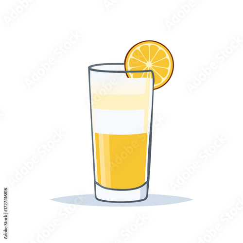 Refreshing citrus fruit drink in a tall glass with an orange slice illustration