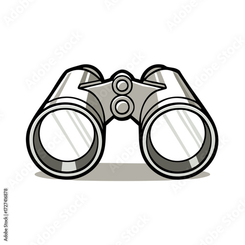 Vintage illustration of silver binoculars with reflective lenses and a subtle shadow effect