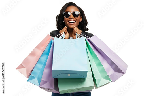 Excited young woman smiling with colorful shopping bags after a successful spree isolated on transparent cutout background, cut out, png