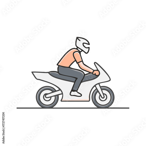 Minimalist vector illustration of a person riding a modern motorcycle wearing a protective helmet