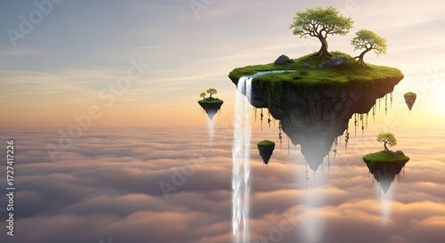 Majestic floating islands with waterfalls and trees over a sea of clouds, a fantasy landscape