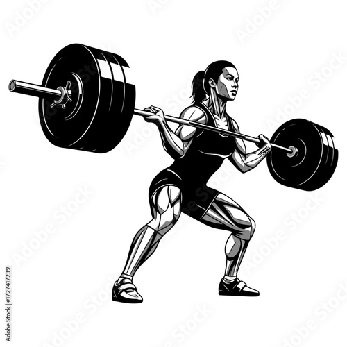 Female athlete performing barbell squat exercise with determination and focus.