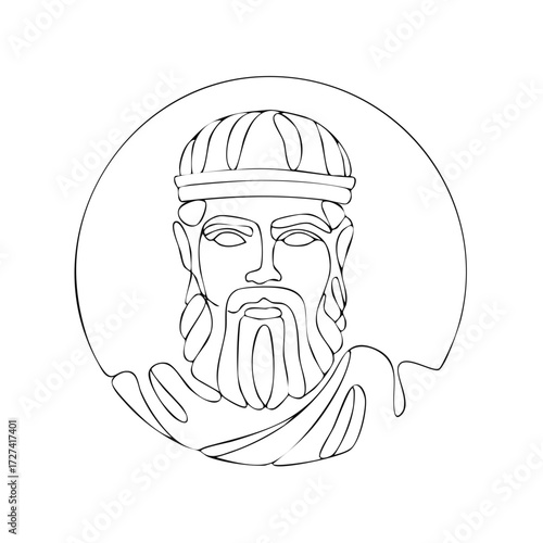 Ancient Greek Statue Line Drawing Portrait of Bearded Man with Toga