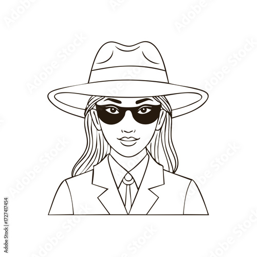 Confident female detective in fedora hat and dark sunglasses wearing a suit, elegant line art illustration