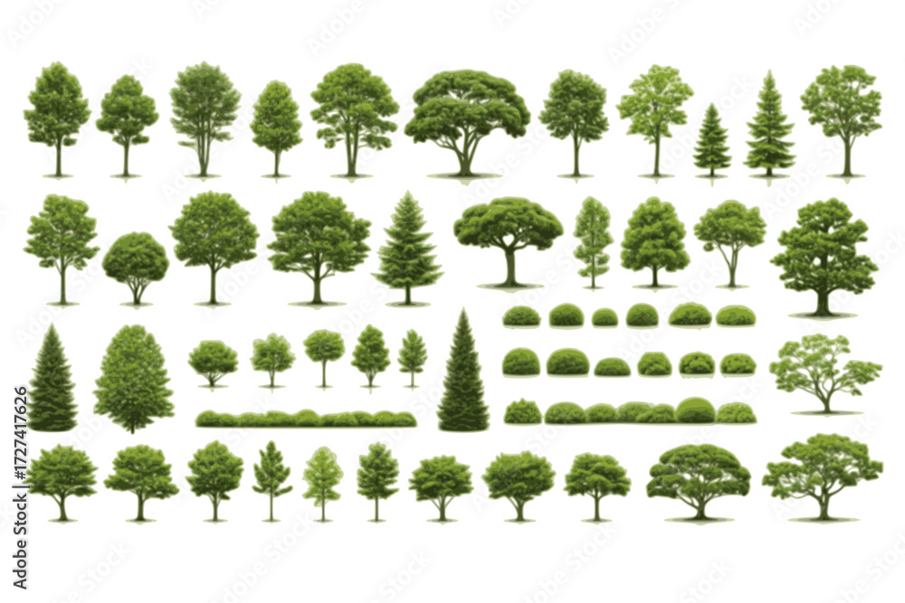 Fototapeta premium Tree Collection Illustration: Deciduous and Conifer Trees. Nature Landscape Elements, Green Foliage Plants. Forest and Garden Outdoor Design Set.