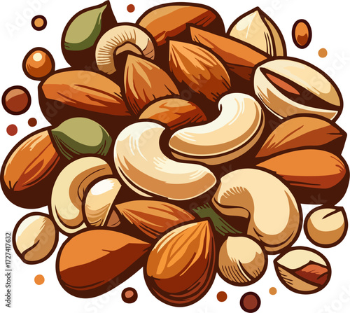 Hand Drawn Mixed Nuts Vector – Cartoon Almonds, Cashews, Pistachios, Vintage Snack Illustration, Detailed