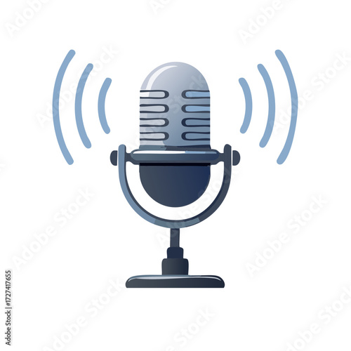 Vector illustration of a retro microphone with sound waves emitting in blue on white background