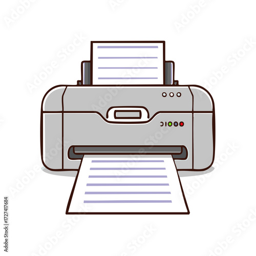Illustrated gray printer actively processing documents, paper loading into input tray and exiting as printed pages.