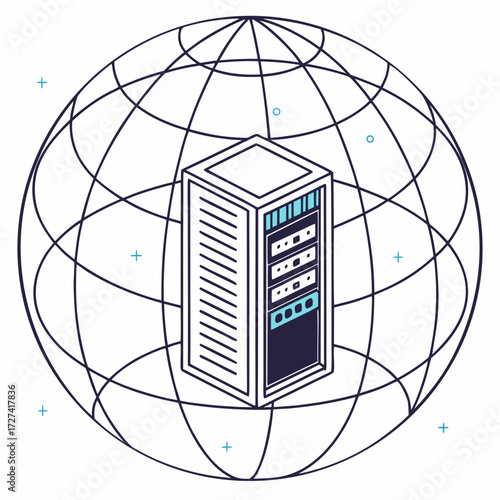Global network server rack conceptual illustration representing data centers and cloud computing infrastructure