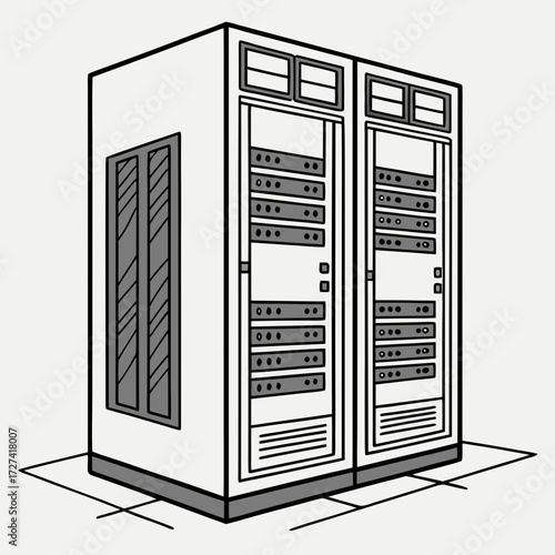 Illustration of two modern server racks with multiple storage units and ventilation on a white background