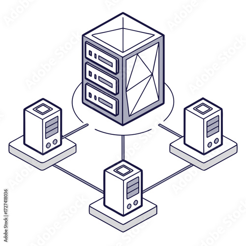 Isometric illustration of a central server connected to multiple smaller servers in a network system