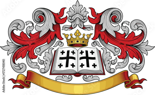 Antique heraldic coat of arms illustration, medieval crest with crown, shield, holy book, black crosses, ornate vintage decorative elements