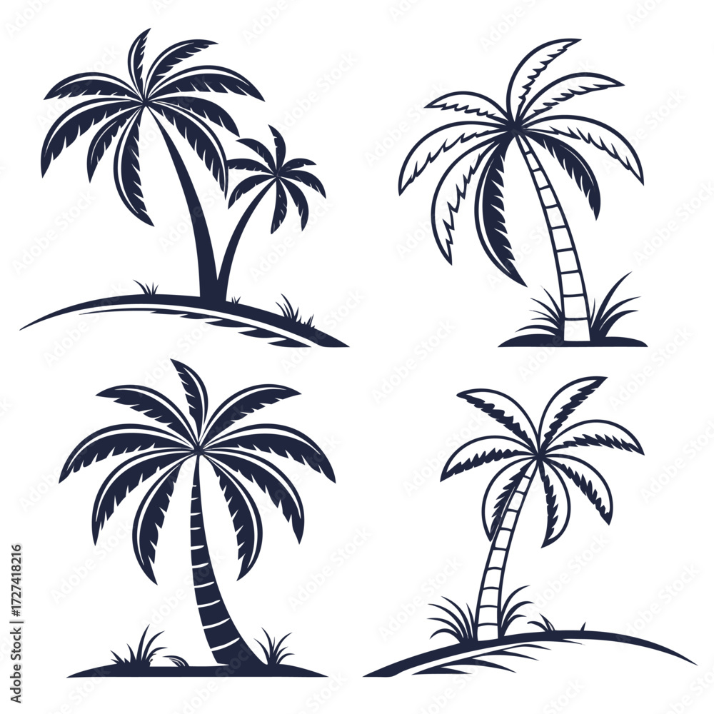 Fototapeta premium Palm tree vector collection tropical beach silhouette line art summer holiday seamless pattern retro design exotic coconut jungle leaves illustration.Palm tree silhouette vector set.