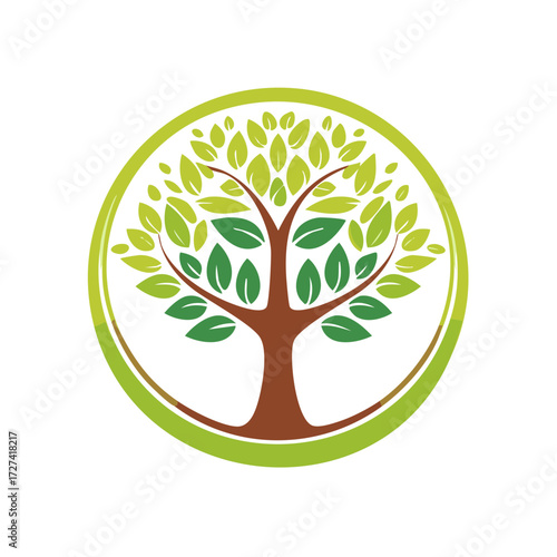 Stylized Green Tree Emblem with Brown Trunk Inside a Circular Frame