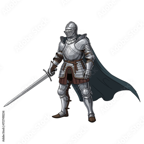 Medieval knight in shining armor holding a sword.