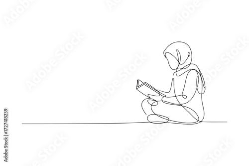 Vector art of person wearing hijab reading a book, continuous line drawing