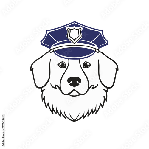 Friendly dog wearing a police cap with a badge and collar