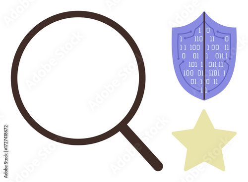 Magnifying glass for analysis, shield with binary for cybersecurity, and star for quality assurance. Ideal for research, protection, evaluation, investigation, digital security, system integrity