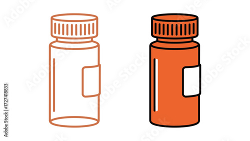 Medicine Pill Bottle or Jar Vector Icon Set in Orange Color and Outline for Pharmacy Healthcare and Medical Concepts
