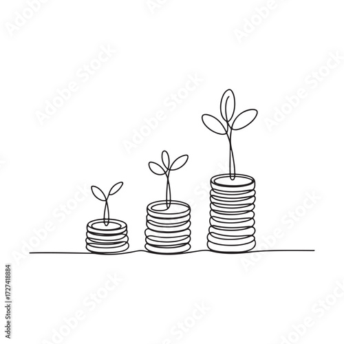 Vector art of money growth concept with plants on coins