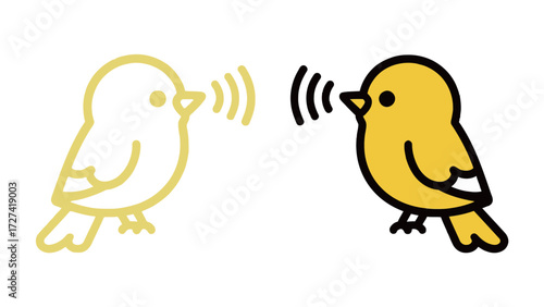 Cute Cartoon Canary Bird Singing Vector Icon Set in Yellow Color and Outline for Sound and Communication Concepts