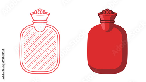 Classic Hot Water Bottle Vector Icon Set in Red Color and Outline for Home Comfort Pain Relief and Medical Concepts