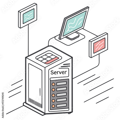 Isometric illustration of a server rack connected to multiple computer monitors displaying data and graphs