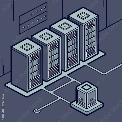 Isometric illustration of a modern data center with multiple server racks and a smaller unit connected by cables