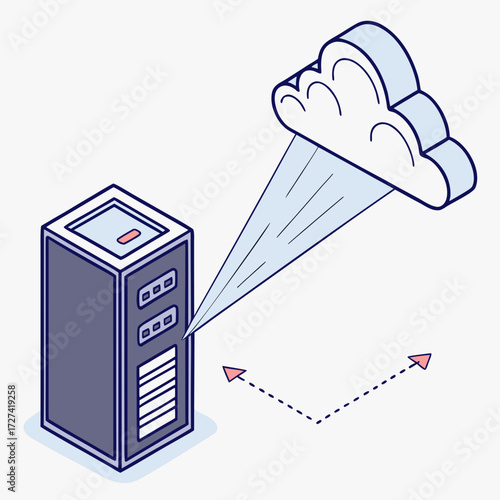 Isometric illustration of a server rack receiving data stream from a stylized cloud