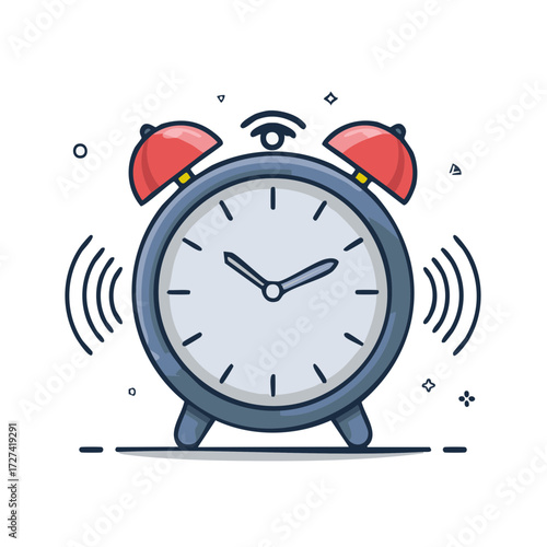 Alarm clock ringing with red bells in a cartoon style illustration on white background