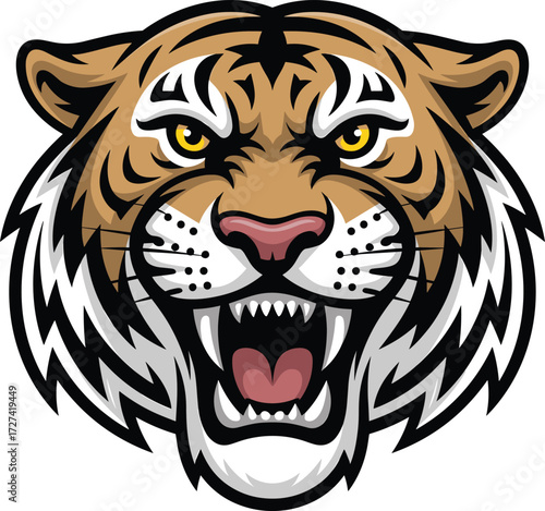 Roaring tiger head illustration, fierce wild animal mascot, aggressive predator face, vector artwork for sports team logo, branding, emblem design