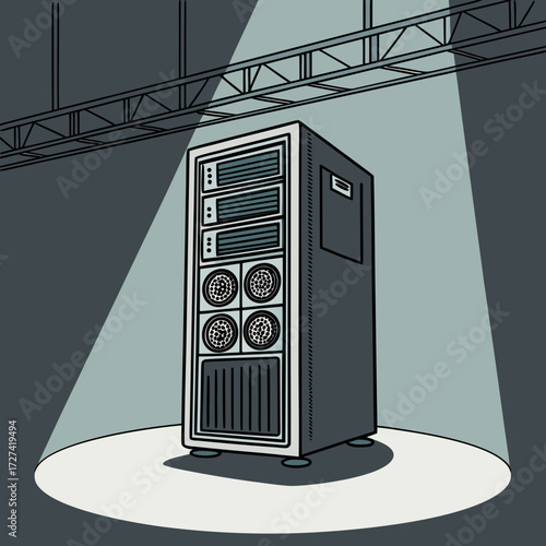 Modern computer server rack illuminated by spotlights on a stage with truss lighting above