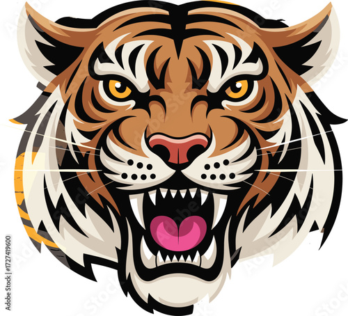 Roaring tiger head illustration, aggressive wild animal mascot, powerful predator face, vector artwork for sports team logo, branding, identity design