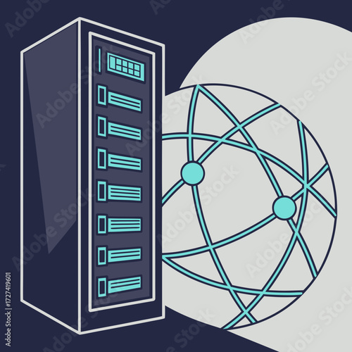 Modern server rack connected to a global network of data points representing cloud computing