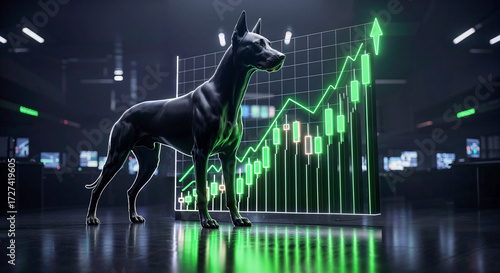 Massive Matte-Black Guardian Dog on Reflective Floor – Neon 3D Stock Market Graph with Ascending Green Candlesticks, Futuristic Trading Scene