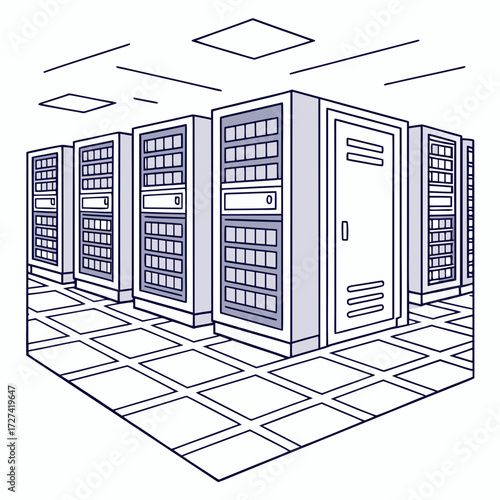 Modern server room with rows of racks and computing equipment in a clean data center environment