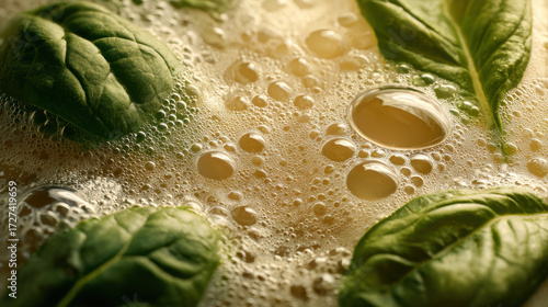 A vibrant soup with floating basil leaves and frothy bubbles, creating a delicious texture.